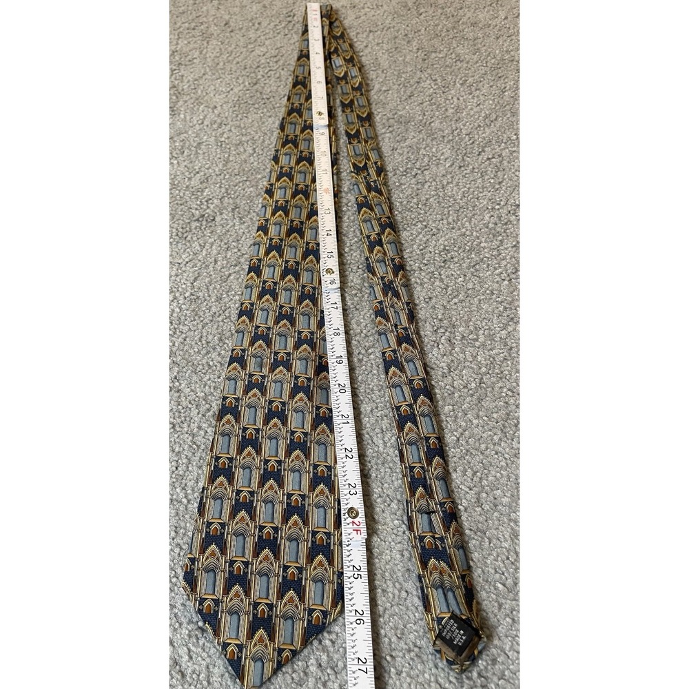 Vtg Unicef Silk Necktie Gothic Arches England Beige Navy USA Made - Picture 4 of 7